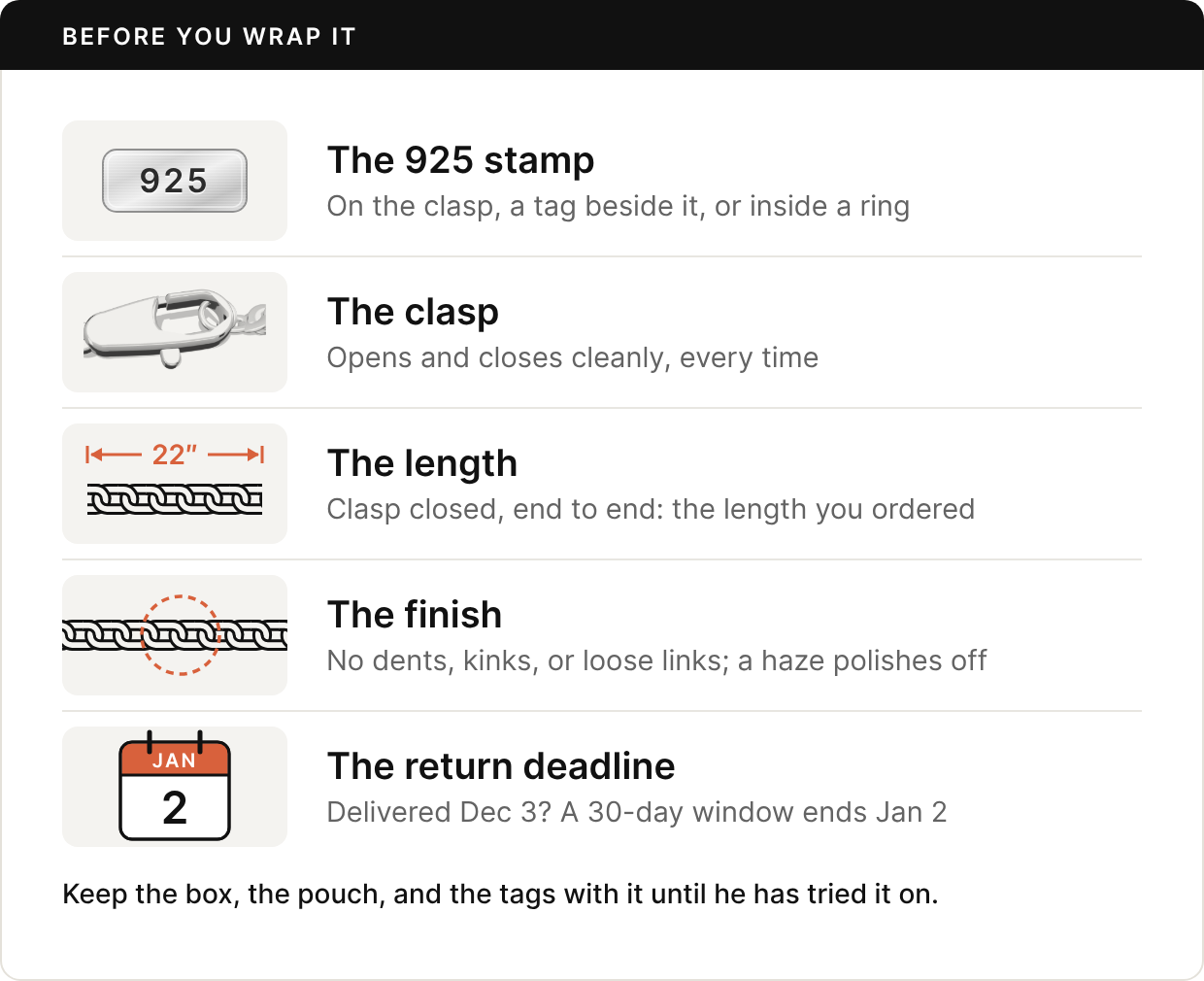 Five checks before you wrap a silver jewelry gift. The 925 stamp, on the clasp, a tag beside it, or inside a ring. The clasp, shown as a rendered lobster clasp, opens and closes cleanly every time. The length, a curb chain with a 22-inch dimension line: measured end to end with the clasp closed, it should be the length you ordered. The finish: no dents, kinks, or loose links, and a light haze polishes off. The return deadline, shown as a calendar page for January 2: for a piece delivered on December 3, a 30-day window ends on January 2. Keep the box, the pouch, and the tags until he has tried it on.