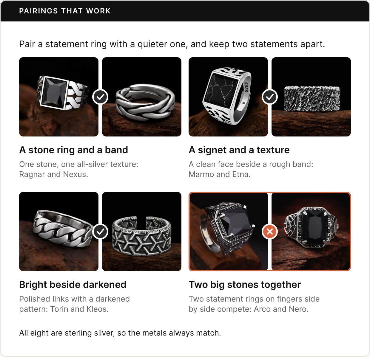 Four pairs of Ronatelli ring photos. Three pairings that work, with a check mark: the Ragnar black onyx ring with the Nexus braided band, a stone ring and a band; the Marmo signet with the Etna rock-texture band, a signet and a texture; the polished Torin chain-link band with the darkened Kleos Greek key band, bright beside darkened. One that doesn’t, with a cross: the Arco and Nero, two large black onyx statement rings on neighboring fingers. Footer: all eight are sterling silver, so the metals always match.