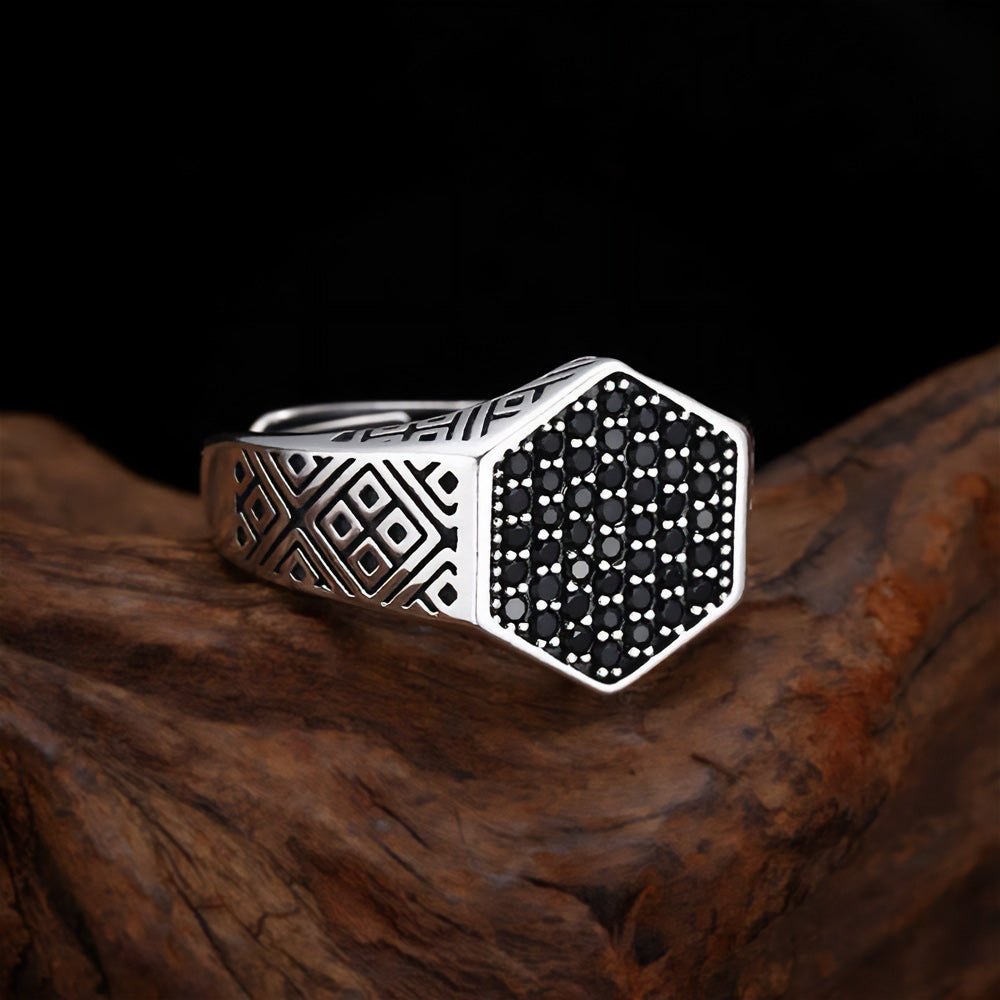 Ronatelli Agno 925 sterling silver signet ring with a hexagonal face of small black onyx stones and engraved sides