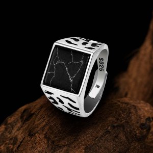 Ronatelli Marmo 925 sterling silver signet ring with a square black stone veined in white and engraved sides