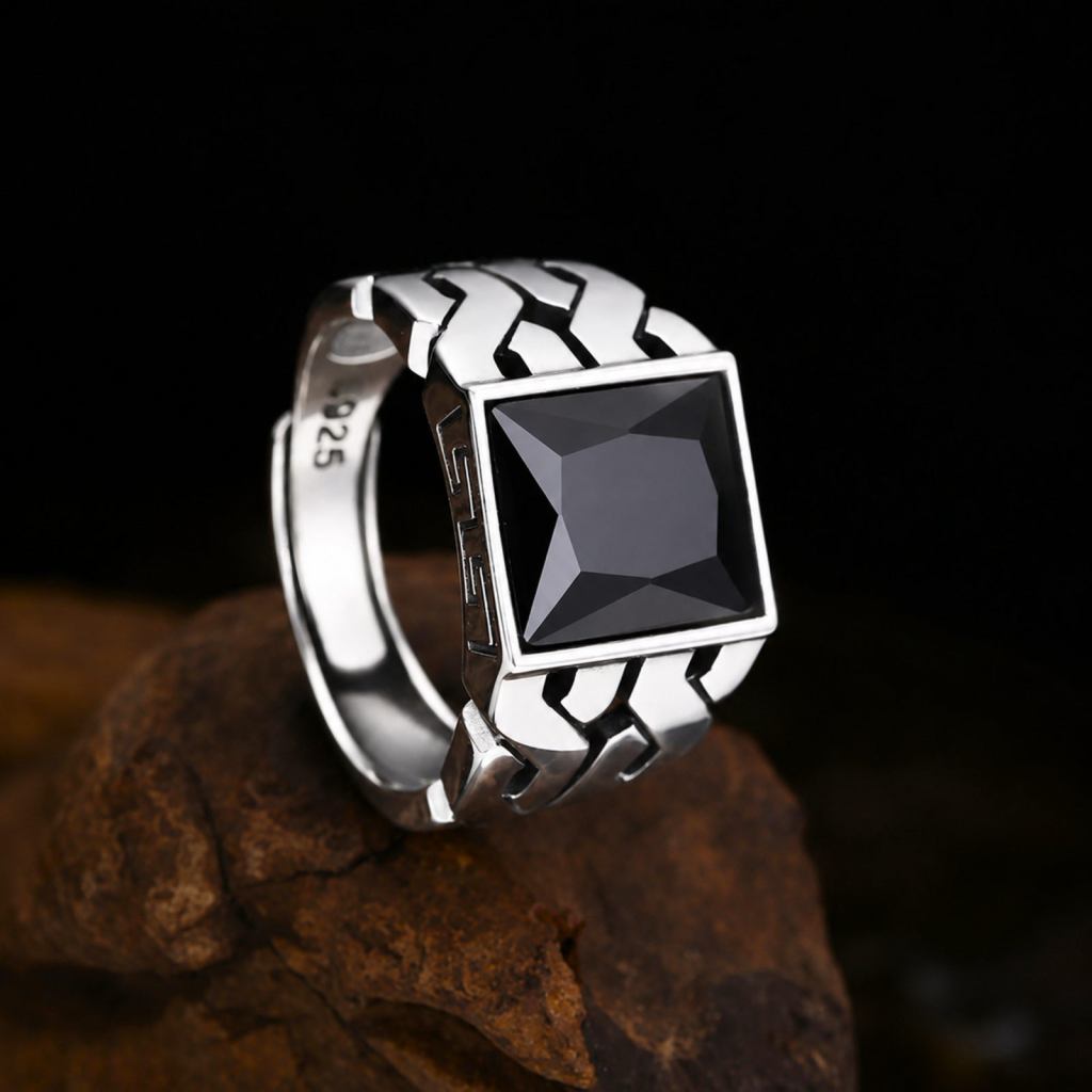 Ronatelli Ragnar 925 sterling silver ring with a square black onyx stone and chain-link shoulders