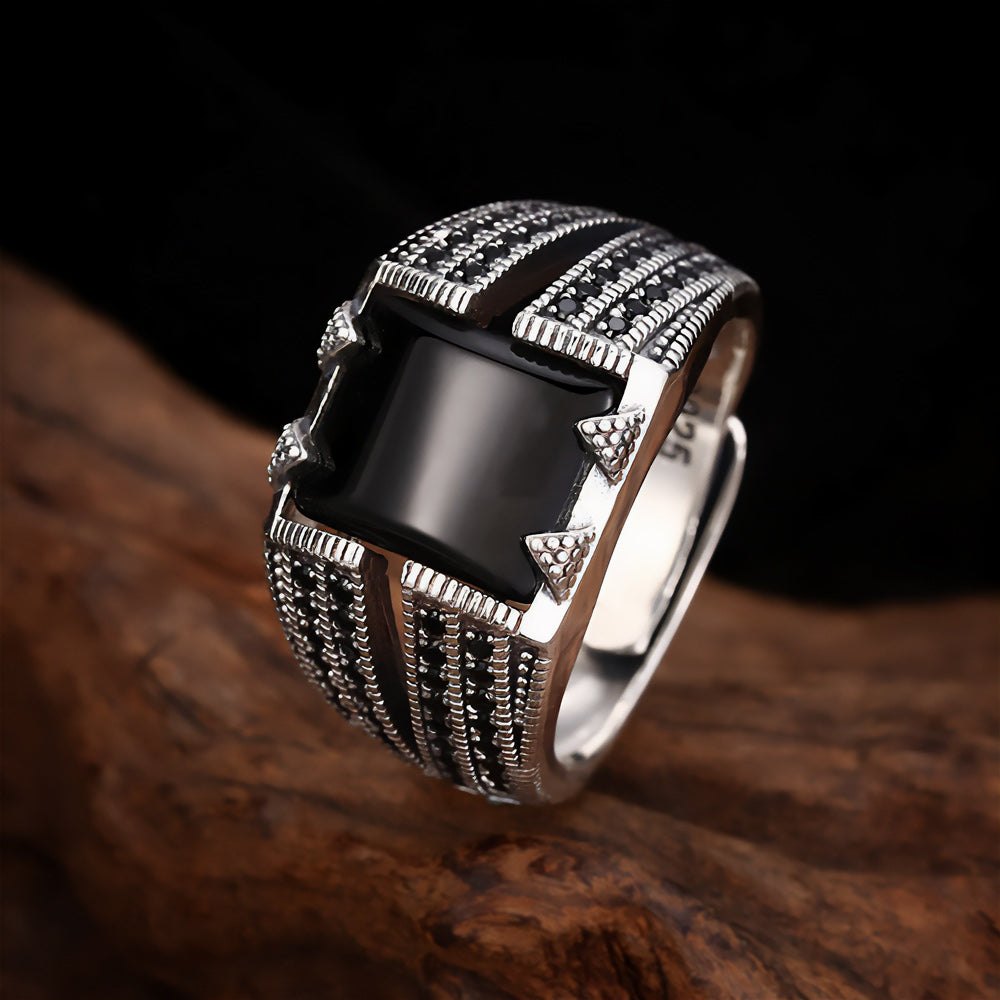 Ronatelli Troy adjustable 925 sterling silver ring with a black onyx stone