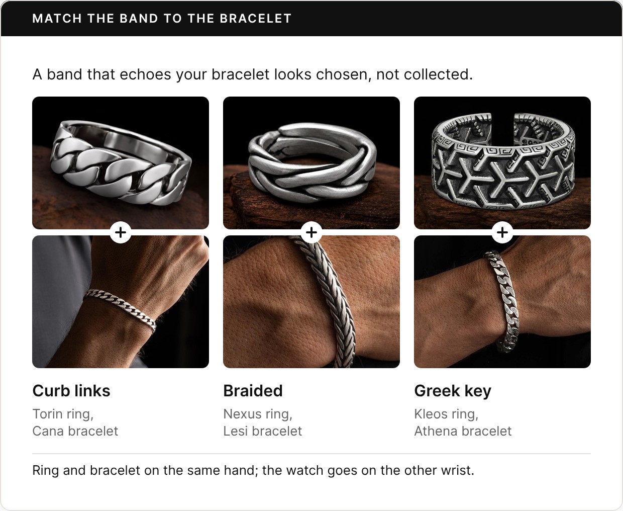 Three pairs of Ronatelli photos, each a band ring above a bracelet worn on the wrist. Curb links: the Torin ring with the Cana bracelet. Braided: the Nexus ring with the Lesi bracelet. Greek key: the Kleos ring with the Athena bracelet. Footer: ring and bracelet on the same hand; the watch goes on the other wrist.