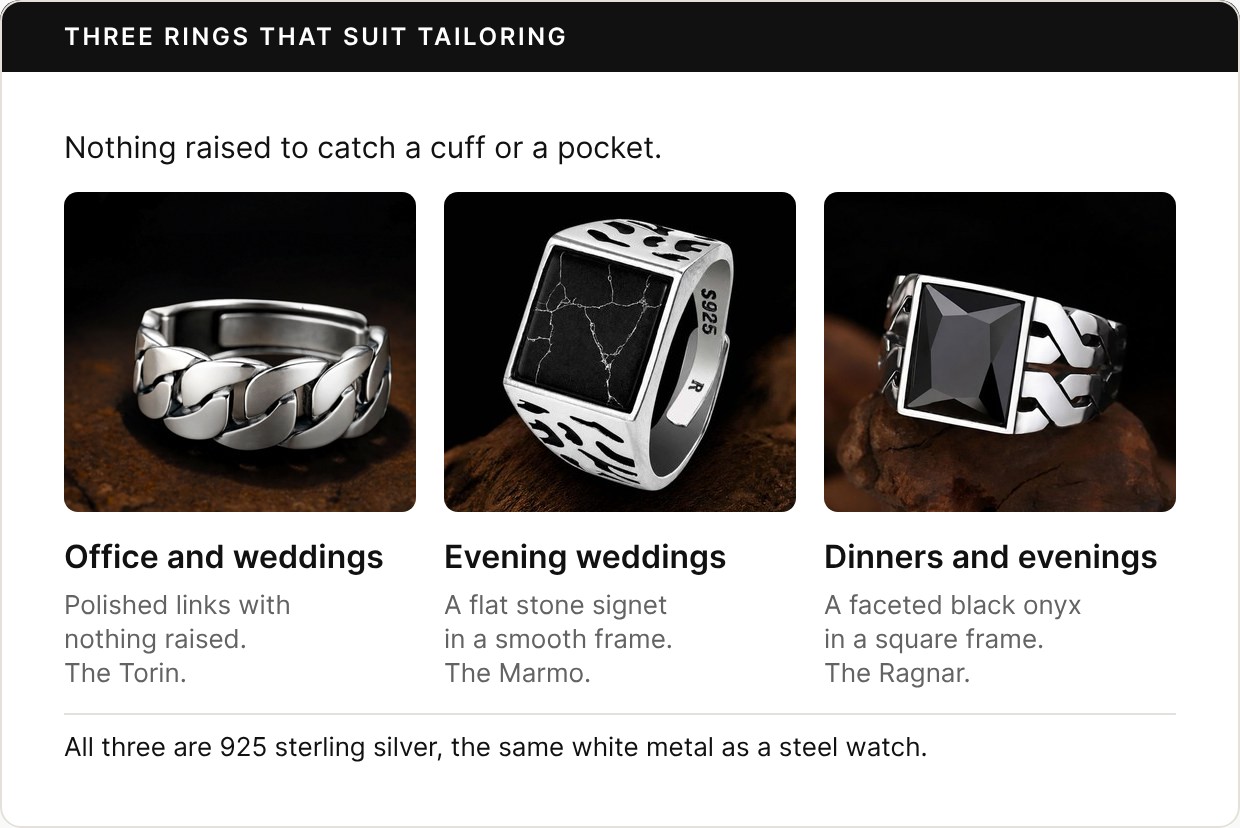 Three Ronatelli product photos. Office and weddings: the Torin, polished curb links with nothing raised. Evening weddings: the Marmo, a flat black stone signet in a smooth frame. Dinners and evenings: the Ragnar, a faceted black onyx in a square frame. Footer: all three are 925 sterling silver, the same white metal as a steel watch.
