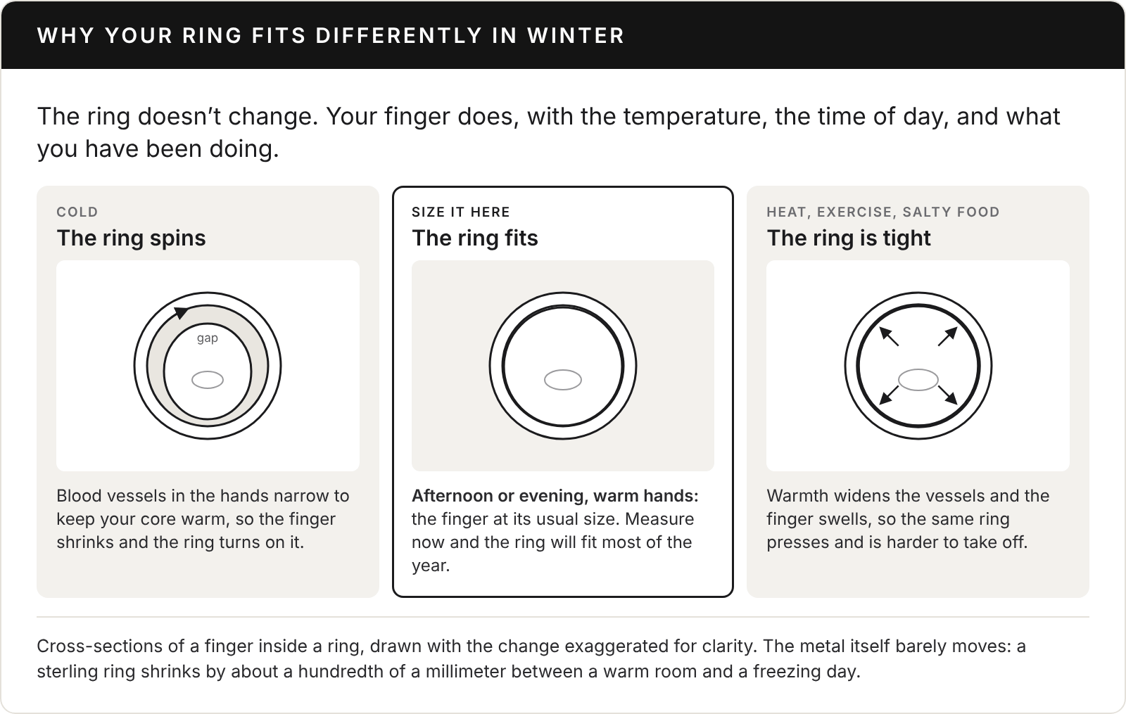 Diagram titled Why your ring fits differently in winter, showing three cross-sections of a finger inside a ring. Cold: blood vessels in the hands narrow to keep your core warm, so the finger shrinks, leaving a gap, and the ring spins. Size it here: in the afternoon or evening with warm hands the finger is at its usual size and fills the ring, so a ring measured then fits most of the year. Heat, exercise, salty food: the finger swells and presses on the band, so the ring is tight and harder to take off. The change is exaggerated for clarity; the metal itself shrinks by only about a hundredth of a millimeter between a warm room and a freezing day.